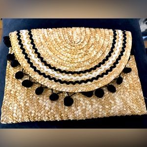 Beachy Pom Pom clutch NWOT never used rattan